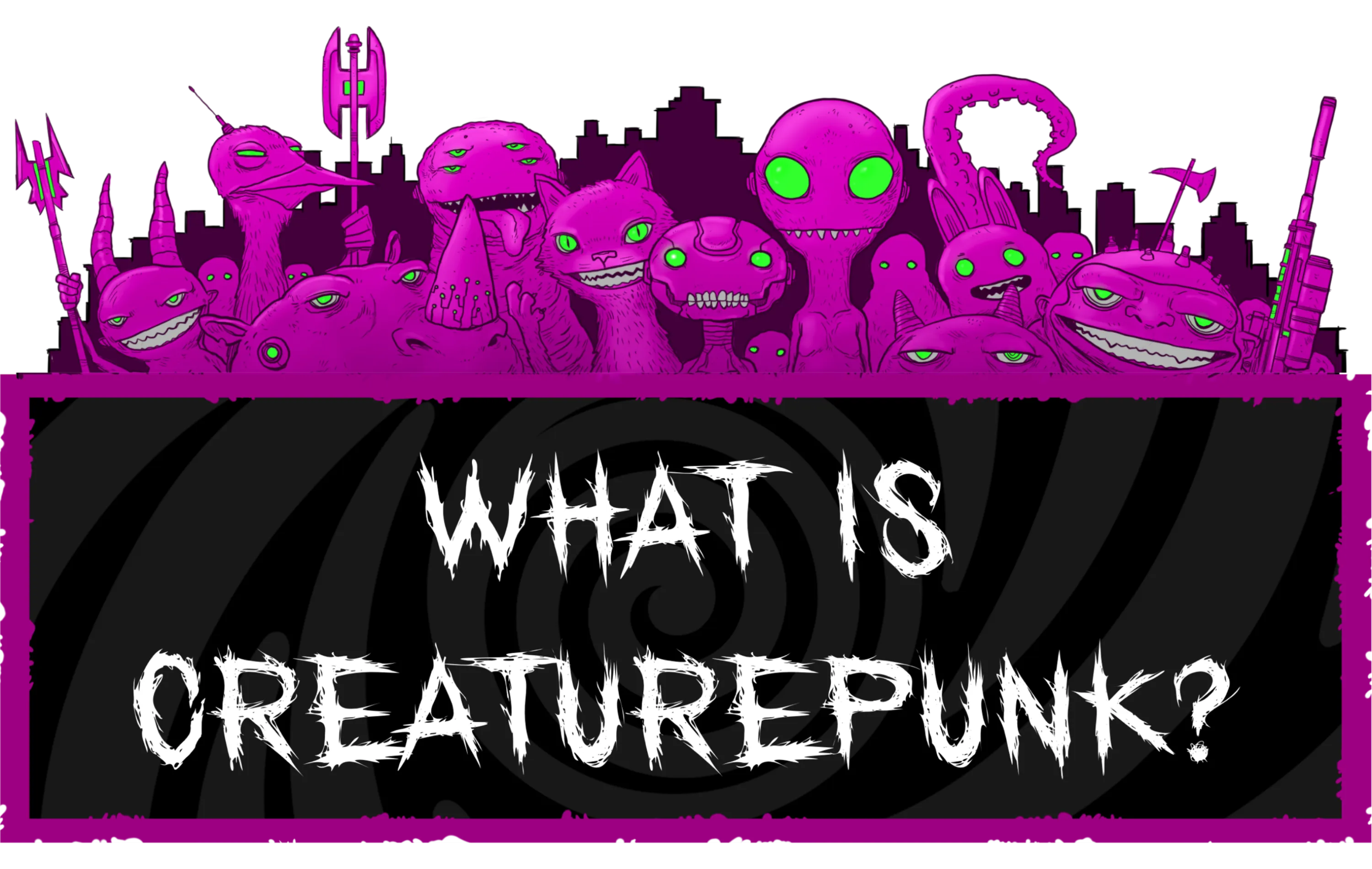 CREATUREPUNK - A diverse cast of creatures in vibrant magenta against a dark urban skyline